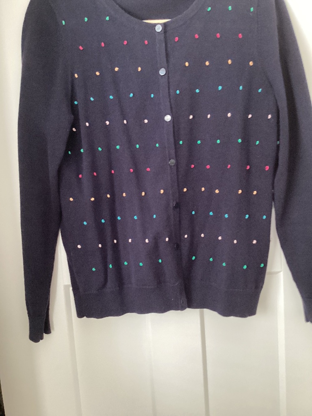 Talbots Cardigan Med Navy Rainbow Embroidered Polka Dot Knit Button Sweater Top